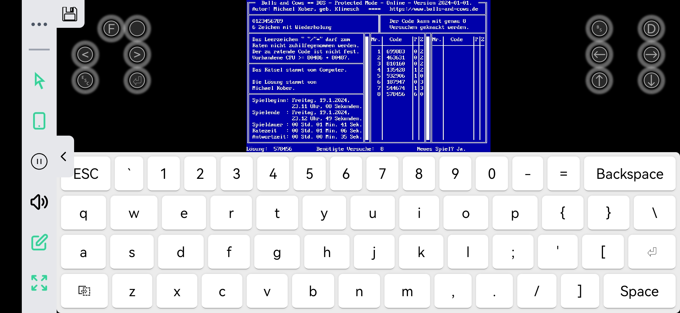 Browserspiel im Querformat 3:
Vollbild mit seitlicher Steuerleiste mit Bildschirmtastatur